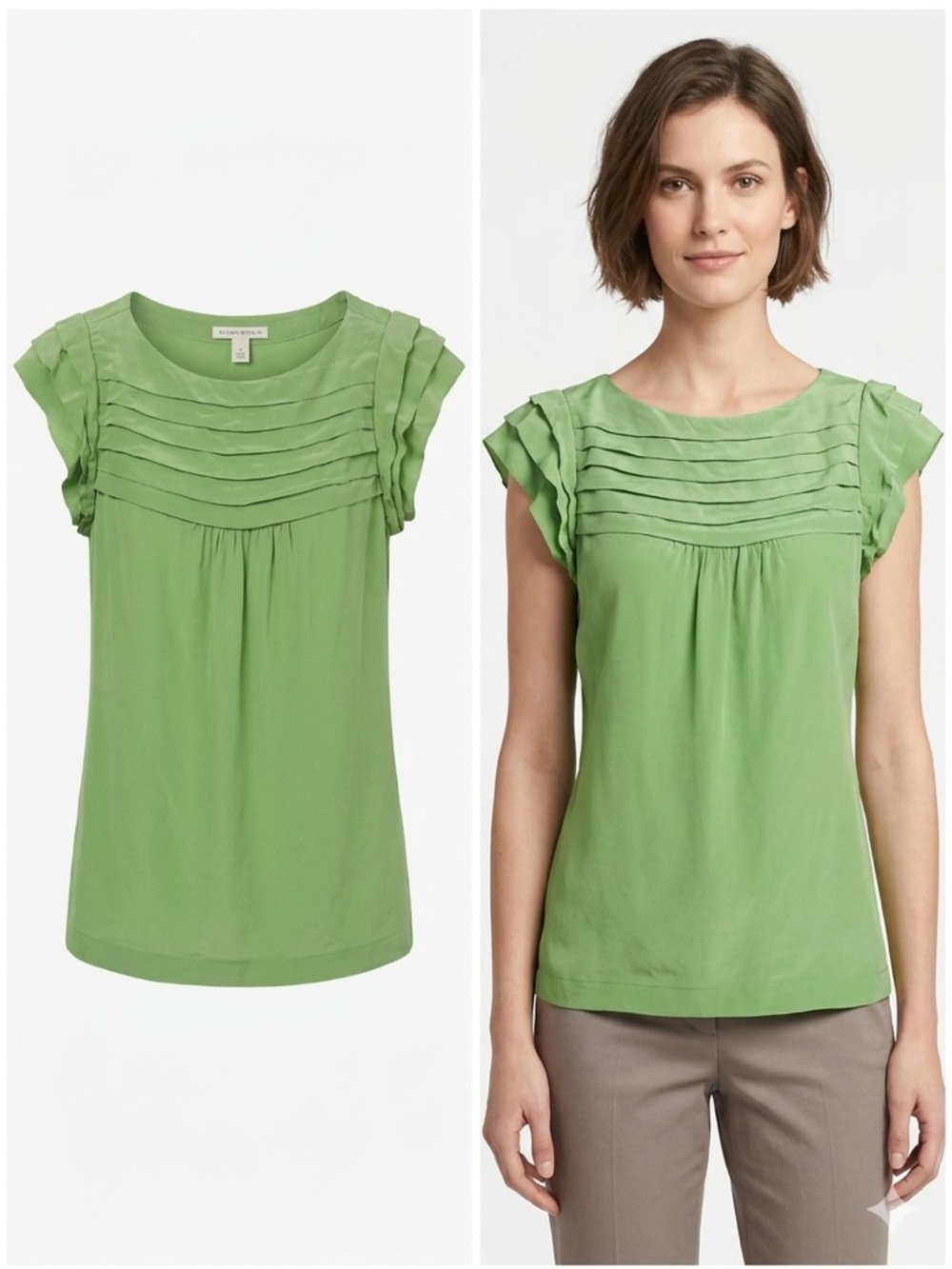 Banana Republic Light Green Pleated Cap-Sleeve Blouse